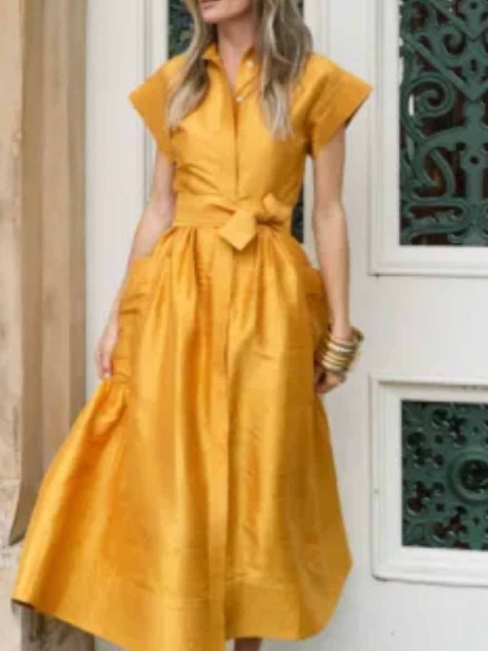 Tie-Waist Mustard Midi Dress with Short Sleeves